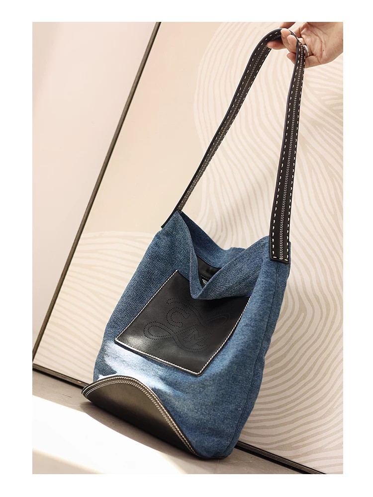 デニム×本革 縦型トートバッグ QD759 イメージ3
