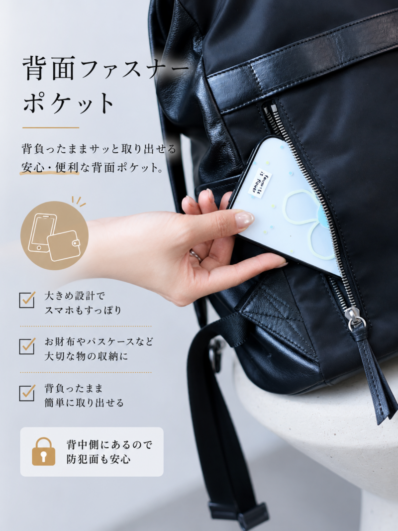 ナイロン×本革 リュック｜A4・PC収納・2WAY｜QD848 - 画像 (4)