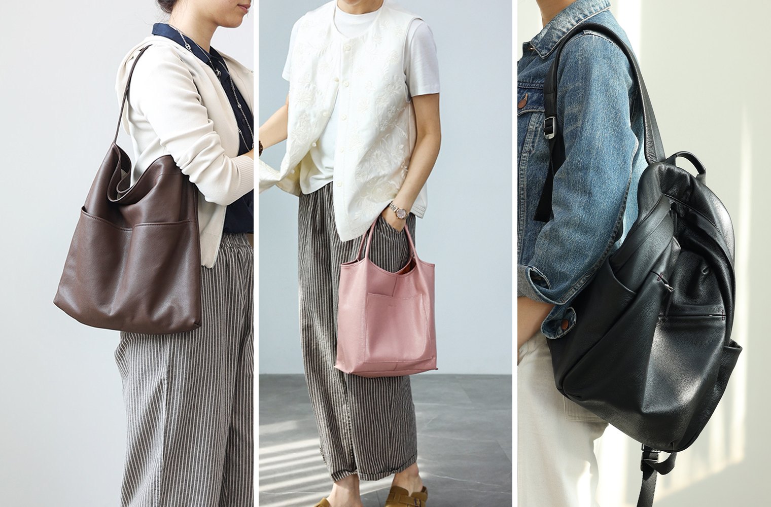 a bag a life の本革バッグ3点（ゴートレザートート QD440、本革トート QD722、本革リュック QD801）