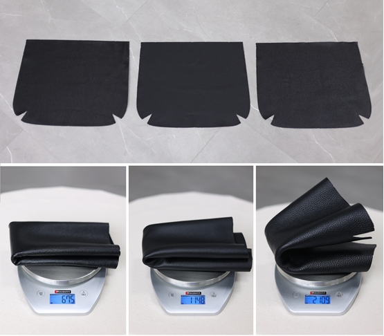 同じ大きさに切り出した革3枚を秤で量り比べた写真。QD801の革は67.5g、他の革は114.8gと210.9g